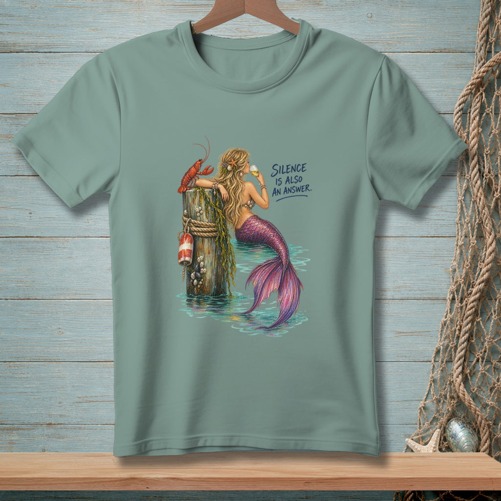 Mermaid with lobster and buoy on pier, "Silence is Also An Answer."