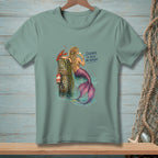 Mermaid with lobster and buoy on pier, "Silence is Also An Answer."