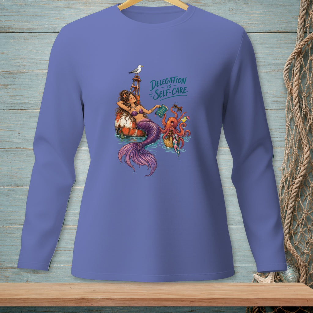 Mermaid relaxes on buoy with octopus and text "Delegation is Self-Care".