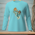 Two mermaids in water with a tray of champagne, printed on a turquoise long-sleeve shirt.