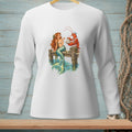 Mermaid and lobster on a dock, with lobster holding an oyster and pearl.