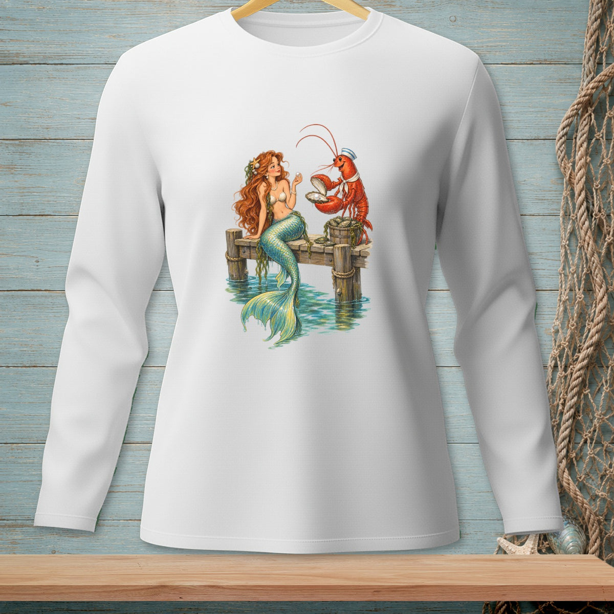 Mermaid and lobster on a dock, with lobster holding an oyster and pearl.