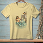 Mermaid and crab near ladder with "Proper Footwear Required" sign.