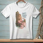 White t-shirt graphic with mermaid, crab, and text "Don't touch the mermaid hair".