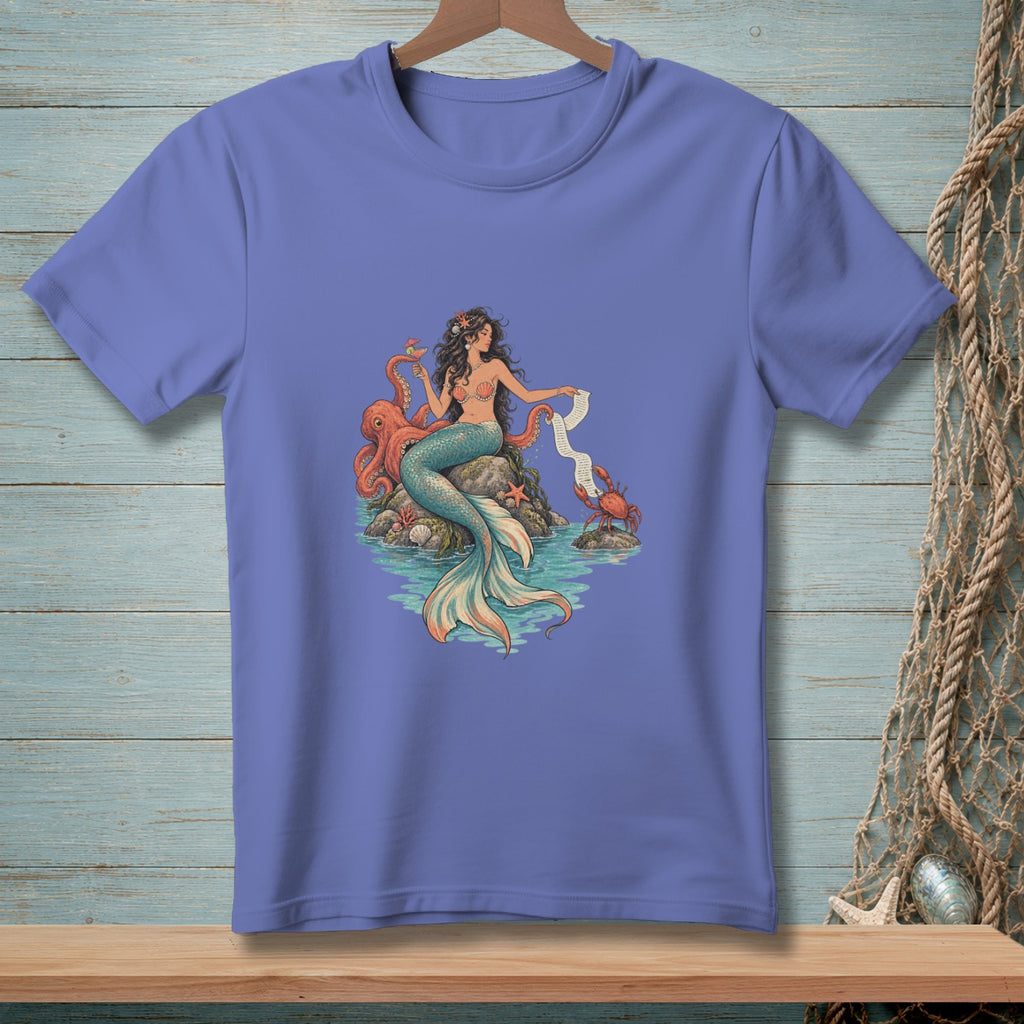 Mermaid with octopus and crab reading a scroll sits on rocks in the ocean.