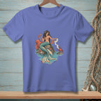 Mermaid with octopus and crab reading a scroll sits on rocks in the ocean.