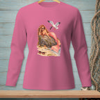 Pink long-sleeve shirt with a graphic of a mermaid, seagull, and sunglasses.
