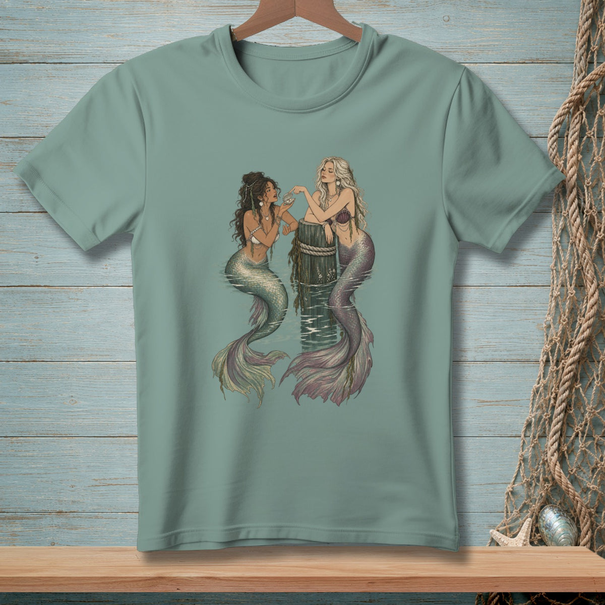 Two mermaids with purple and green tails sit near a wooden post in the water.