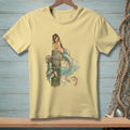 Pale yellow t-shirt with a vintage mermaid and fish illustration.