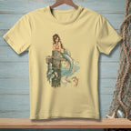 Pale yellow t-shirt with a vintage mermaid and fish illustration.