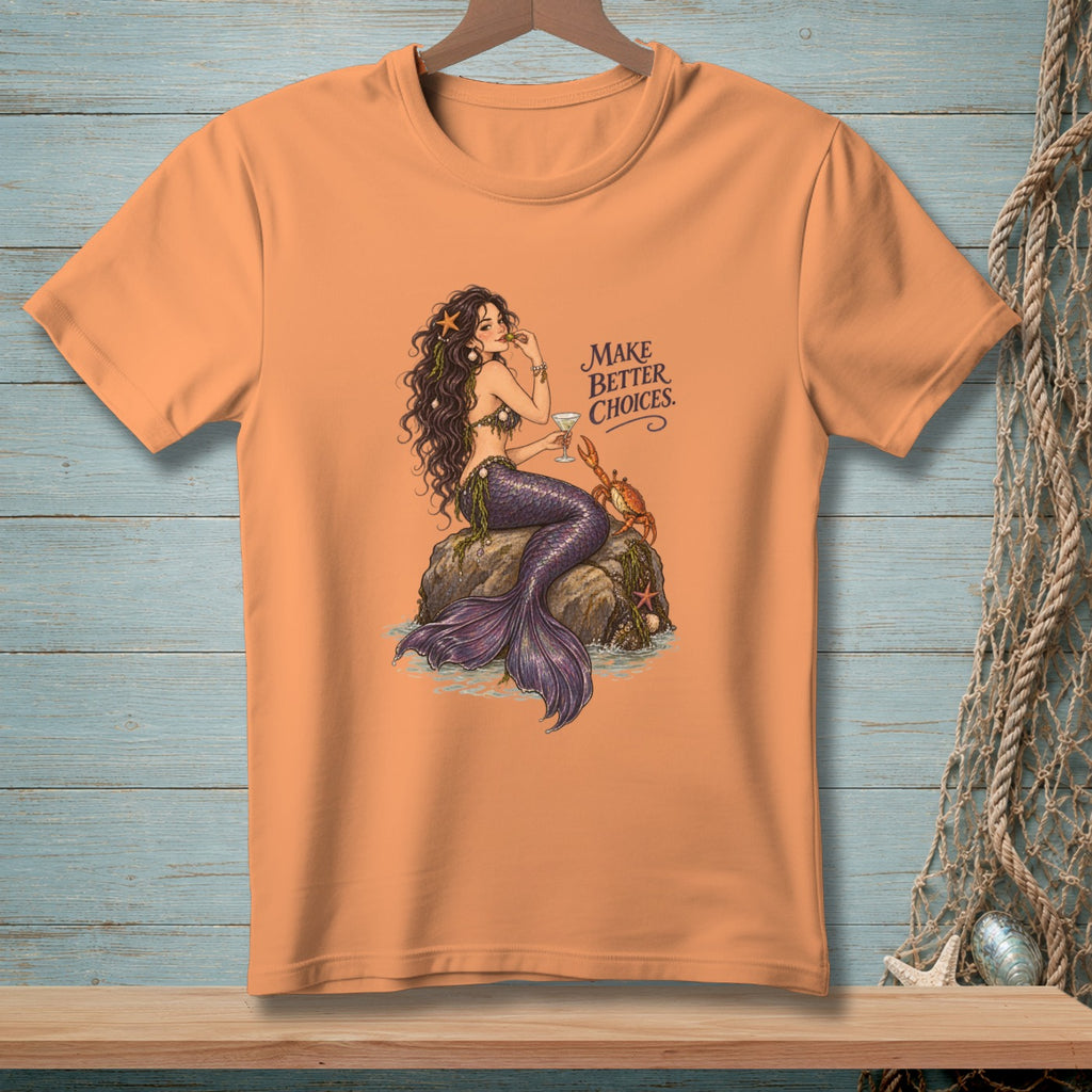 Mermaid on rock with crab and text "Make Better Choices."