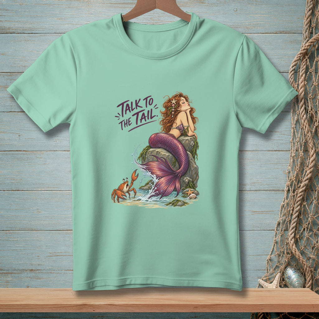 Mint t-shirt with mermaid, crab, and "Talk to the Tail" text.
