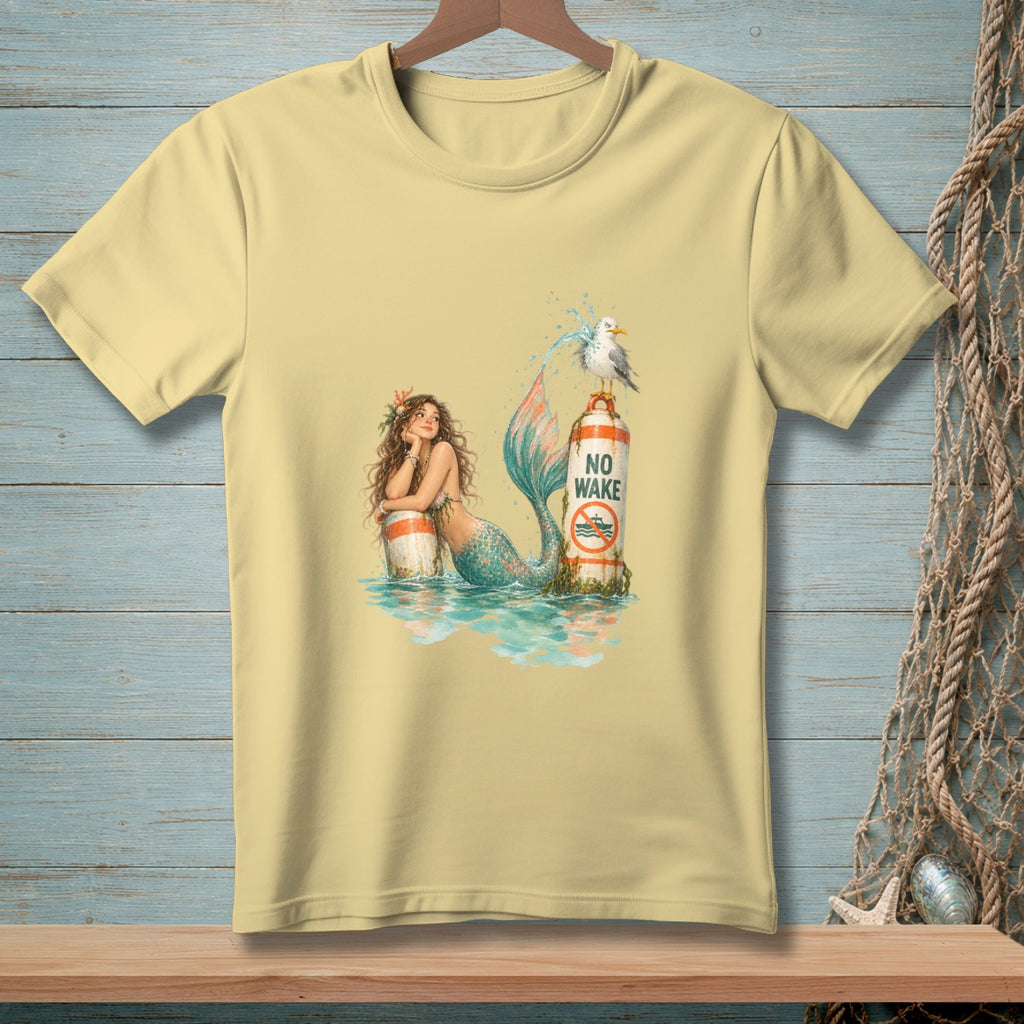 Light yellow t-shirt with a mermaid and seagull by a "No Wake" sign.
