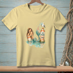 Light yellow t-shirt with a mermaid and seagull by a "No Wake" sign.