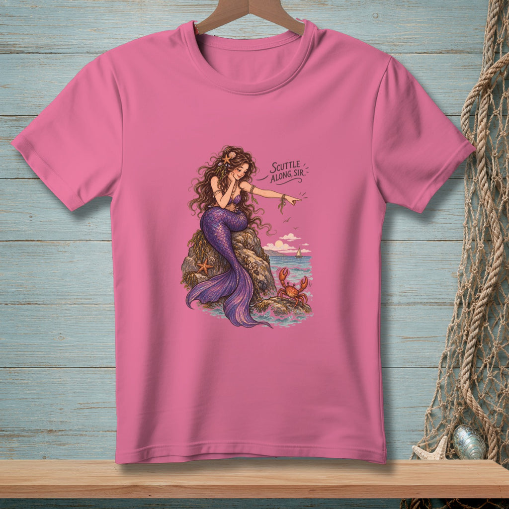 Pink t-shirt with mermaid illustration and text "Scuttle Along, Sir."