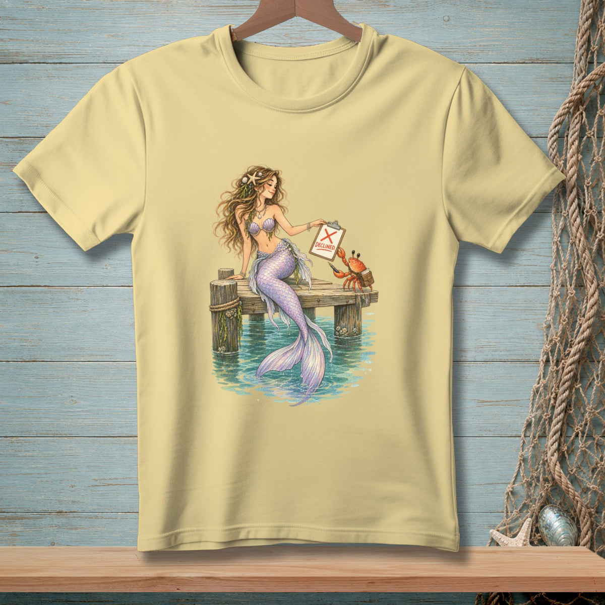 Mermaid on dock with crab holding clipboard labeled "DECLINED"