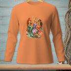 Orange long-sleeve shirt with a graphic of three mermaids toasting with champagne.