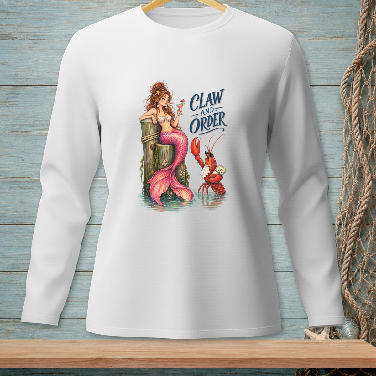 Mermaid with drink and lobster in water, text "Claw and Order".