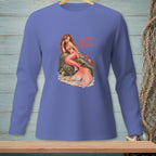 Purple long sleeve shirt with a mermaid illustration and the text "KEEP YOUR CLAWS OFF MY SNACKS".