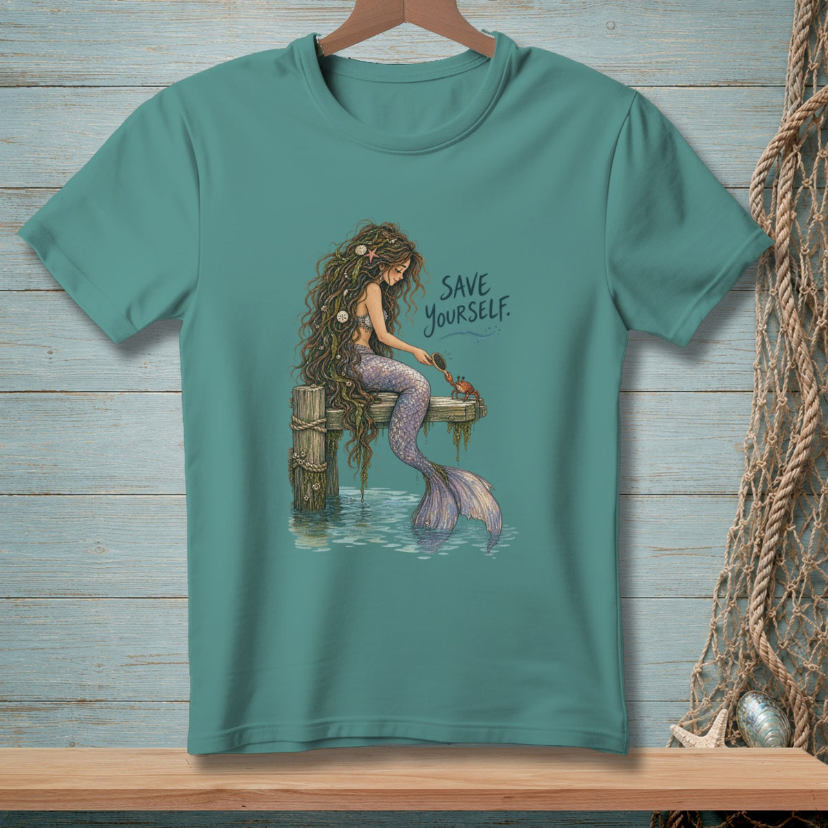 Mermaid sitting on a dock with a crab and text "SAVE YOURSELF."