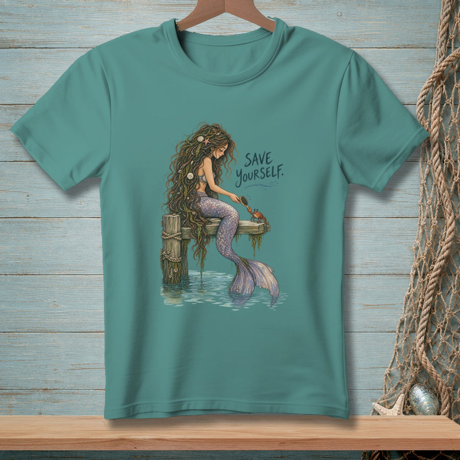 Mermaid sitting on a dock with a crab and text "SAVE YOURSELF."