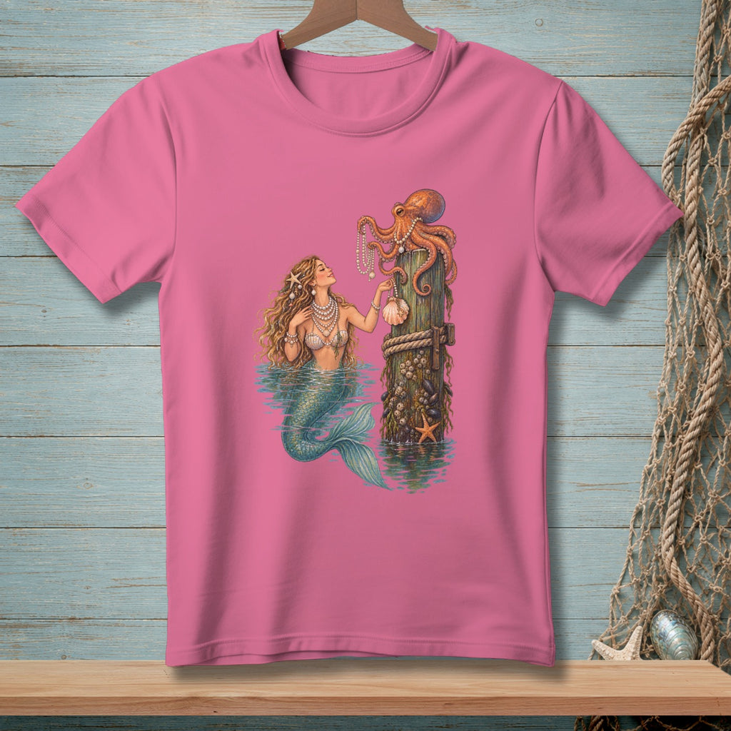 Mermaid and octopus interacting with pearls on a weathered wooden post.