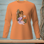 Mermaid sitting on dock post, writing "Be Interesting" on a sign for a crab.