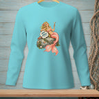 Turquoise long sleeve shirt with a mermaid holding a martini and the text "AIM HIGH".