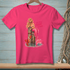 Pink t-shirt with a blonde mermaid and lobster, reading "USE YOUR INSIDE CLAWS."