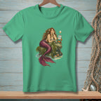 Illustration of a mermaid with a purple tail resting on a rock, next to a crab holding a sign.
