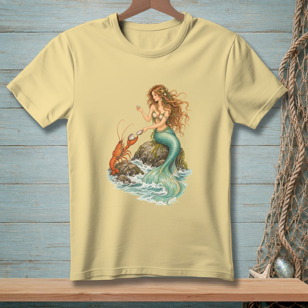 Cream t-shirt with mermaid and lobster illustration on a rock by the sea.