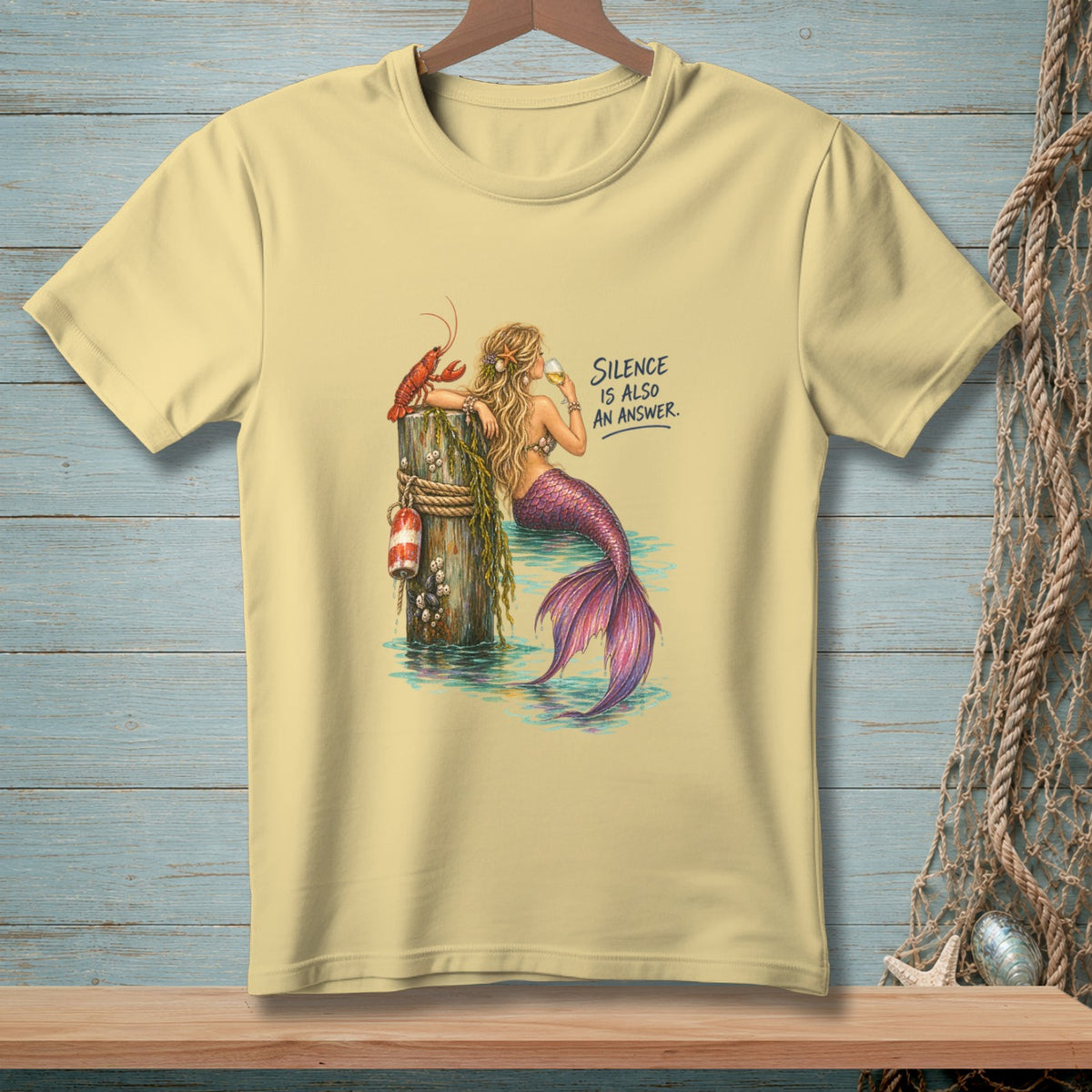 Mermaid with lobster and text "SILENCE IS ALSO AN ANSWER" on a light yellow t-shirt.
