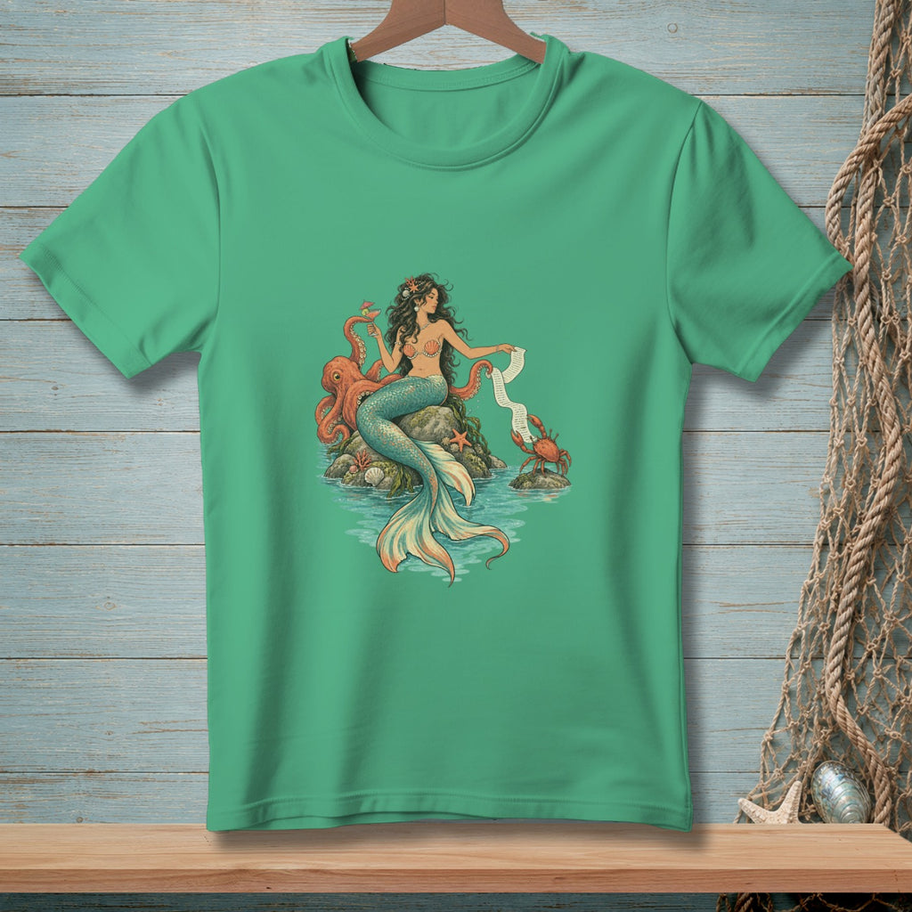 Green t-shirt featuring a mermaid with an octopus, crab, and scroll.