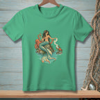 Green t-shirt featuring a mermaid with an octopus, crab, and scroll.