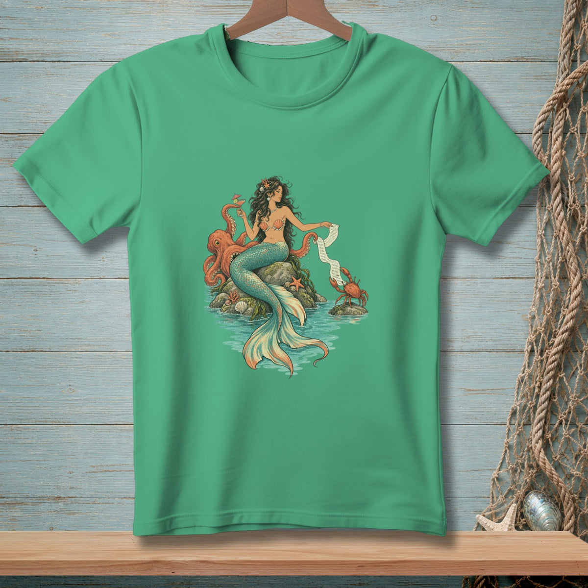 Green t-shirt featuring a mermaid with an octopus, crab, and scroll.