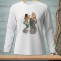 Two mermaids with colorful tails interact by a wooden post in the water.