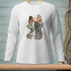 Two mermaids with colorful tails interact by a wooden post in the water.