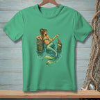 Green t-shirt with graphic of a mermaid holding a drink, with a crab nearby.