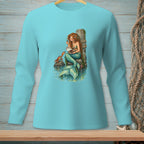 Mermaid sitting on a rock with a crab, holding a shell of pearls.
