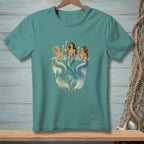 Three mermaids in water raising champagne glasses in celebration.