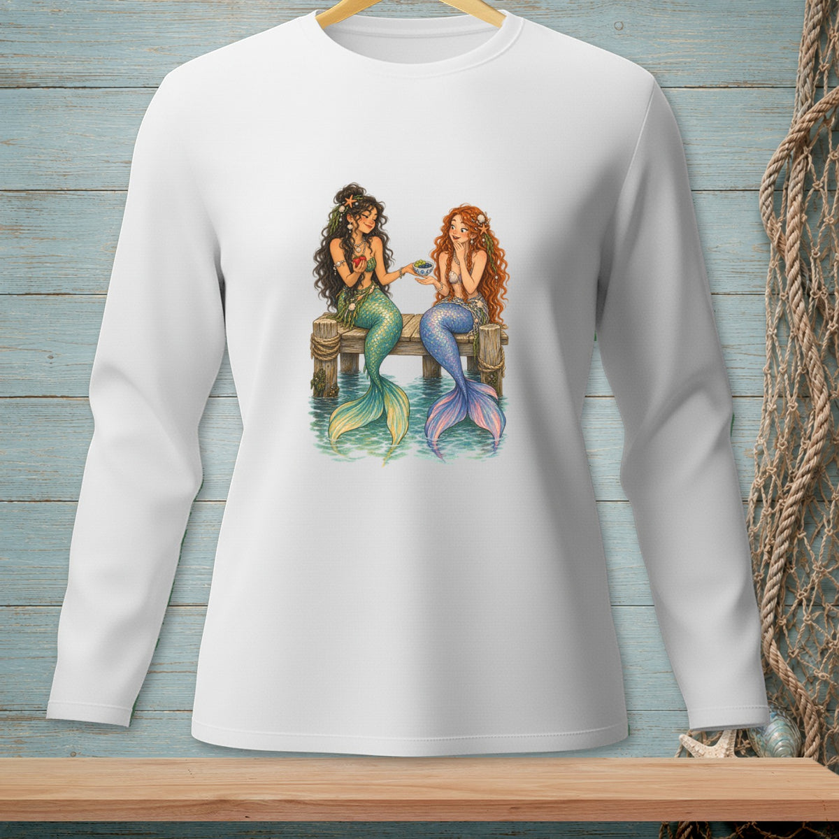 Two mermaids with tails sit on a wooden dock, one holding an apple and the other a bowl.