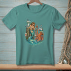 Mermaid with octopus and boat on dock with "Marina" and "Tides & Tunes" signs.