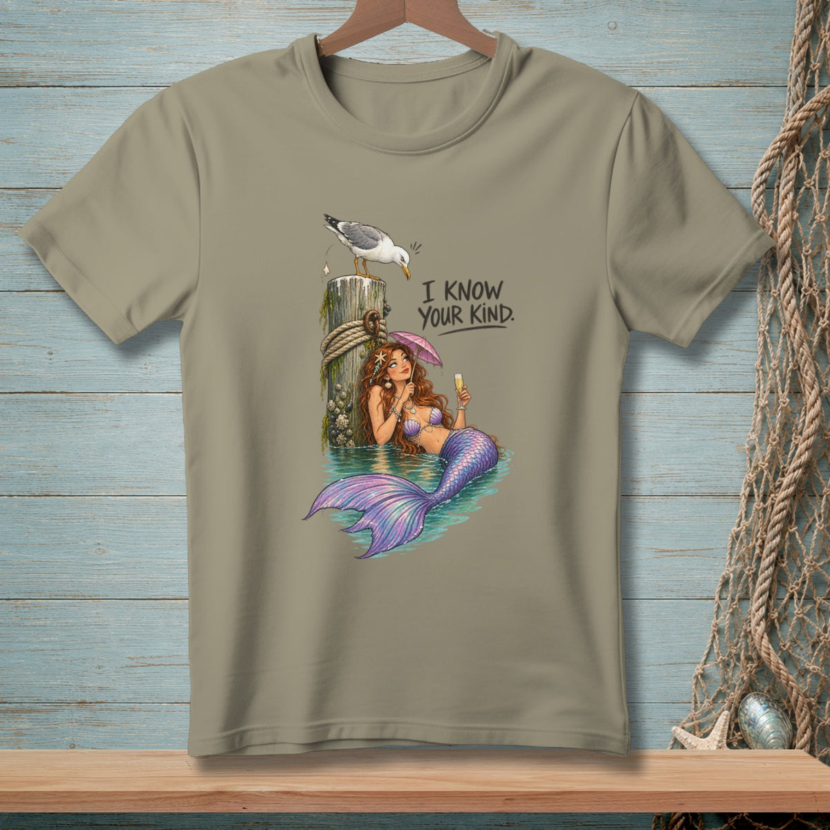 T-shirt with mermaid, seagull, and text "I KNOW YOUR KIND."