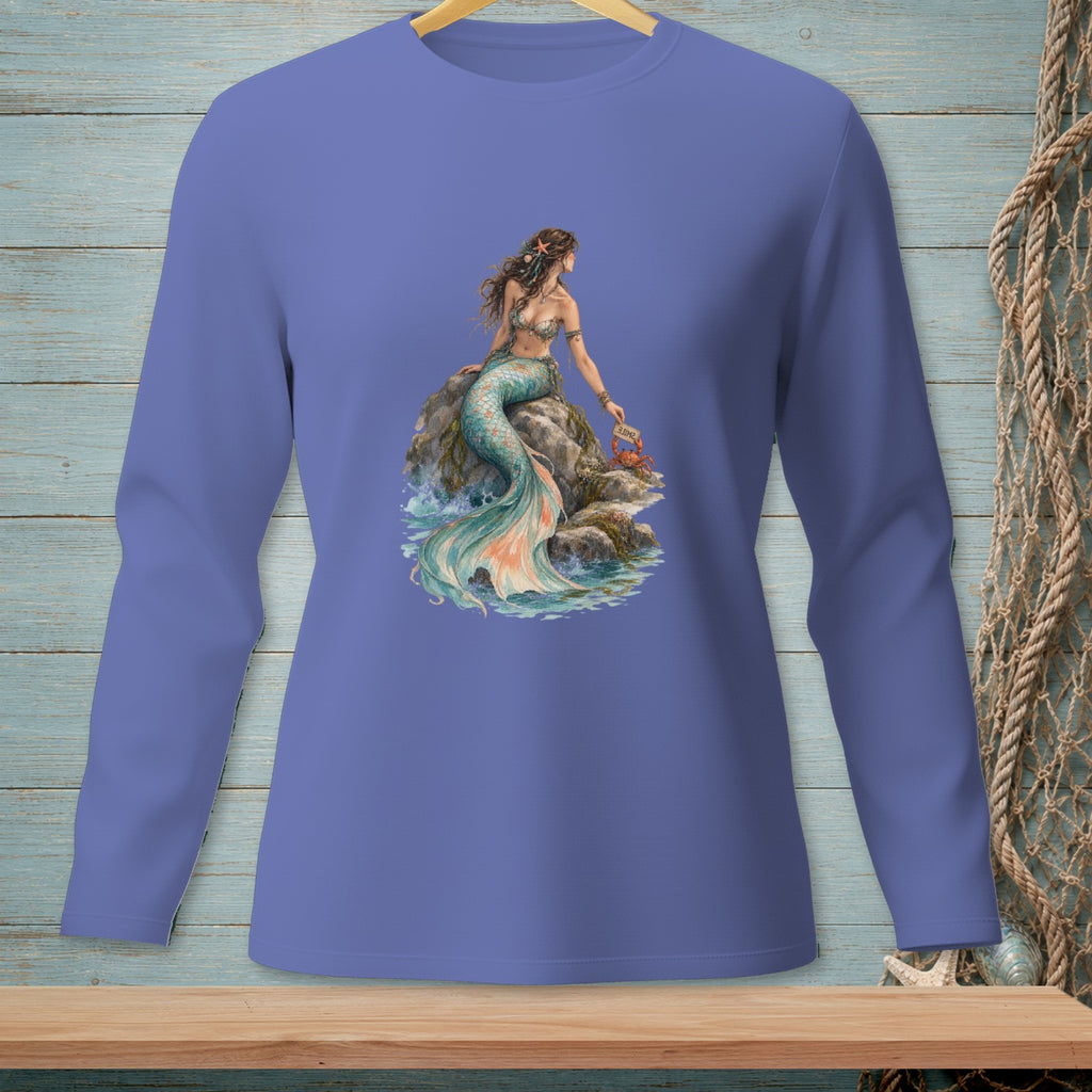 Purple long-sleeve shirt with a mermaid on a rock and a crab.