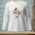 Mermaid with octopus and cocktails on a buoy, printed on a white long-sleeve shirt.