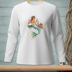 Mermaid with octopus and cocktails on a buoy, printed on a white long-sleeve shirt.