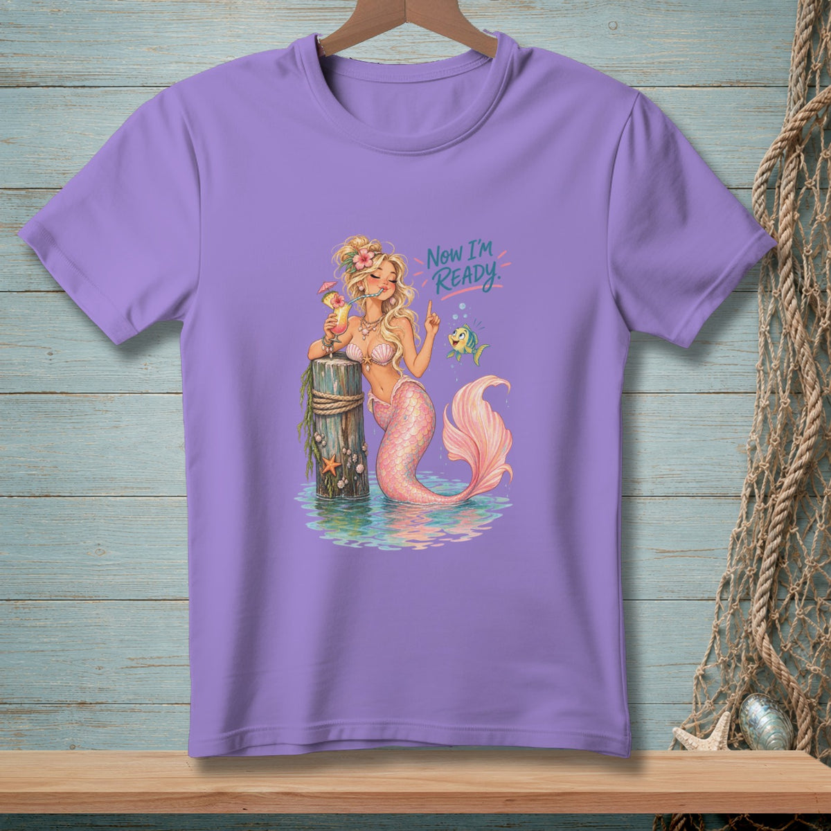 Mermaid with pink tail drinking cocktail by post, text "Now I'm Ready".