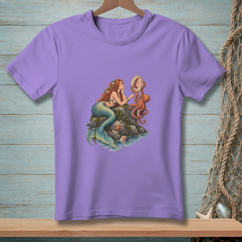 Mermaid with octopus looking into a seashell mirror on a rock.