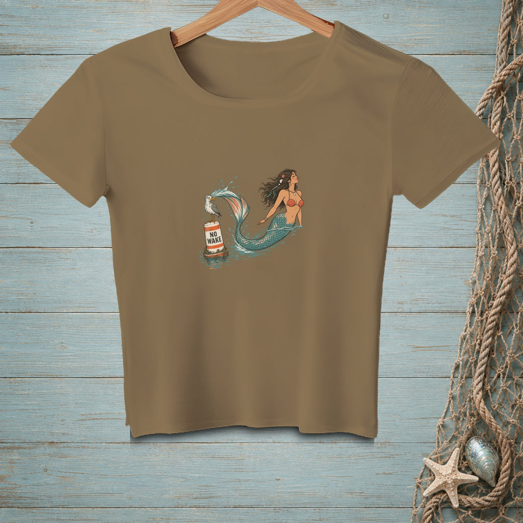 Brown t-shirt with illustration of a mermaid next to a buoy labeled "NO WAKE".