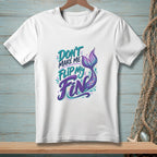 White t-shirt with "Don't Make Me Flip My Fin" text and mermaid tail graphic.